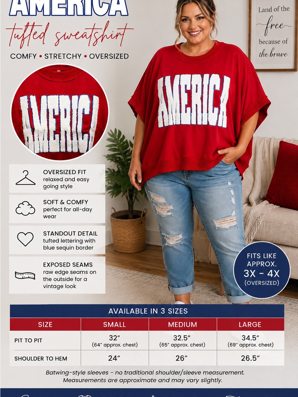 Fantastic Fawn Red Tufted 'AMERICA' Sweatshirt Top